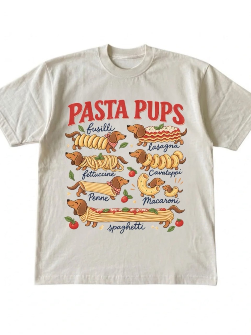 Cream Pasta Pups Graphic Tee with Red Script